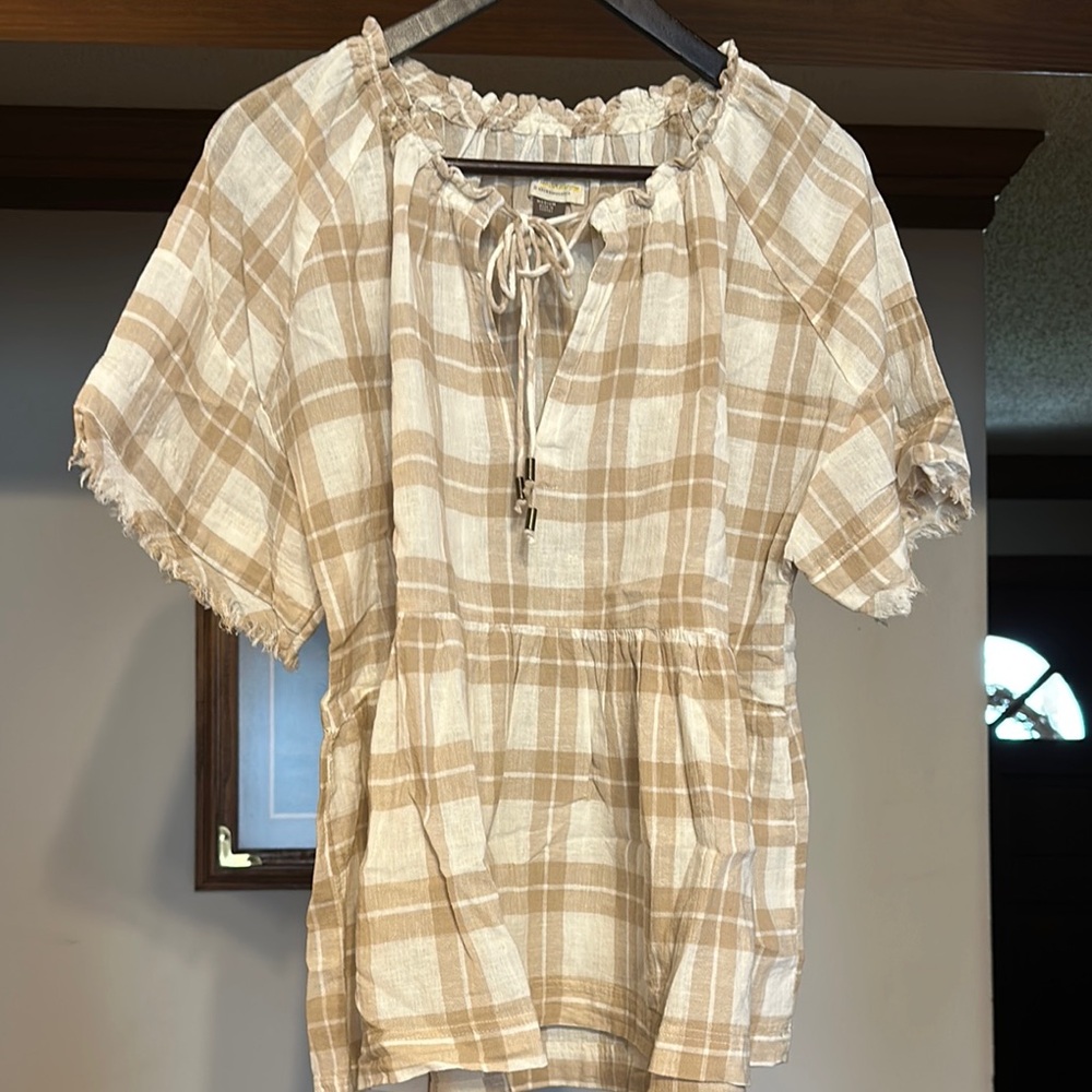 Plaid Beige Women's Anthropologie Top. Cotton/Linen Blend.